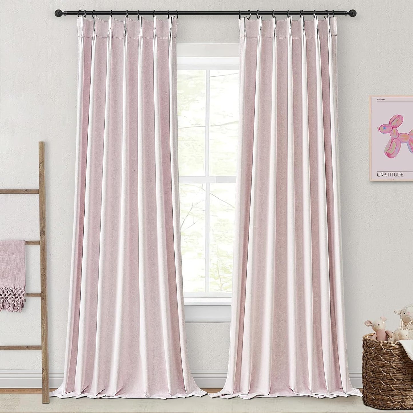 Pink Boho Blackout Curtains for Girls Room, Viral Pinch Pleated Linen Drapes Back Tab 96 Inches Long for Bedroom/Nursery Sound Dampening Heat Blocking Window Curtain (40" Wx96 Lx2 Panels)