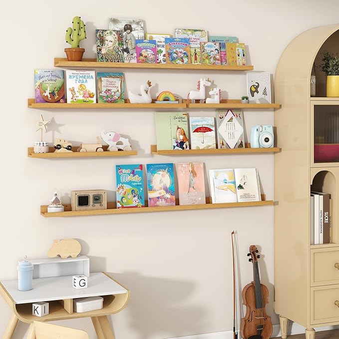 Fun Memories Picture Ledge Shelves Set of 2, 32 Inch Rustic Wall Mounted Floating Shelves with Lip for Home Storage and Décor in Bathroom, Kitchen, Nursery, Bedroom, Living Room, Oak