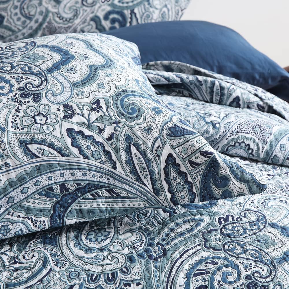 Autumn Dream Cotton Bedspread Quilt Sets, 3 Pieces Reversible Comforter Coverlet Sets,Blue Floral Paisley Bedspread,King Size