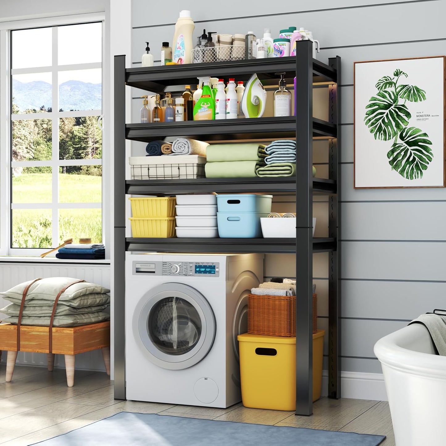 Laundry Shelf,5 Tier Over Washer and Dryer Storage Shelves,Adjustable Easy to Install,Space Saver Laundry Shelf Organizer,Utility Shelves for Balcony,Black,72”H*15.7”D*35.4“W