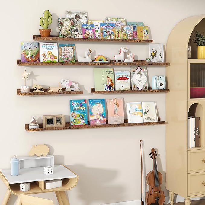 Fun Memories Picture Ledge Shelves Set of 2, 36 Inch Rustic Wall Mounted Floating Shelves with Lip for Home Storage and Décor in Bathroom, Kitchen, Nursery, Bedroom, Living Room, Brown