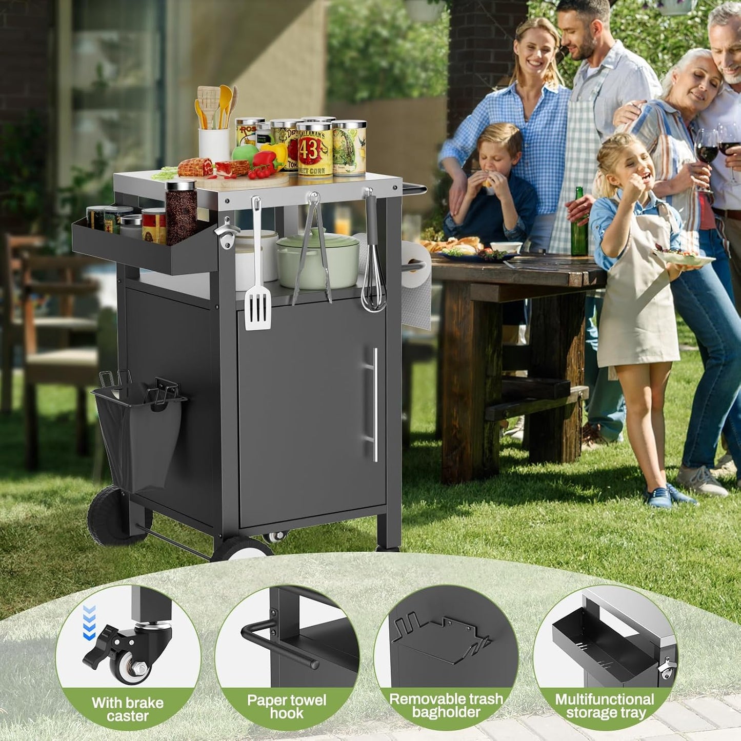 KEIKI Outdoor Grill Cart with Storage and Wheels, Rolling BBQ Prep Table with Spice Rack, Hooks, and Side Handles, Black Metal Bar Cart for Patio Kitchen and Grilling Accessories