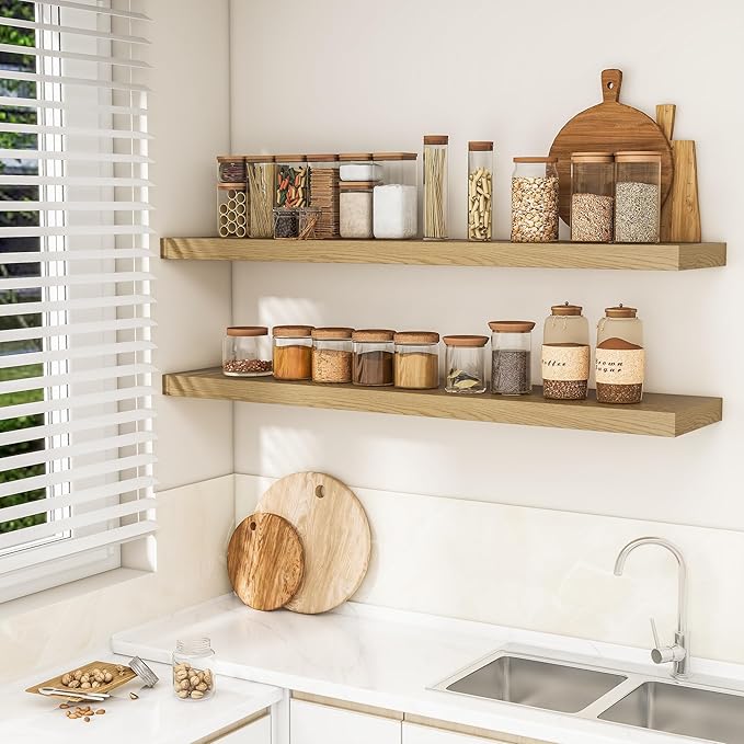 RICHFOCUS 55Inch Floating Shelves for Wall 2 Pack Shelves for Bedroom|Kitchen|Bathroom Wall Mounted Rustic Wood Floating Shelf with Invisible Brackets for Books|Storage|Decor, Oak