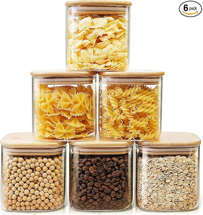 Square Glass Jars with Bamboo Lids 27 FL OZ [Set of 6], Glass Canisters with Airtight Lids, Glass Food Storage Containers for Coffee, Sugar, Tea, Candies, Cookies,Best for Kitchen & Pantry