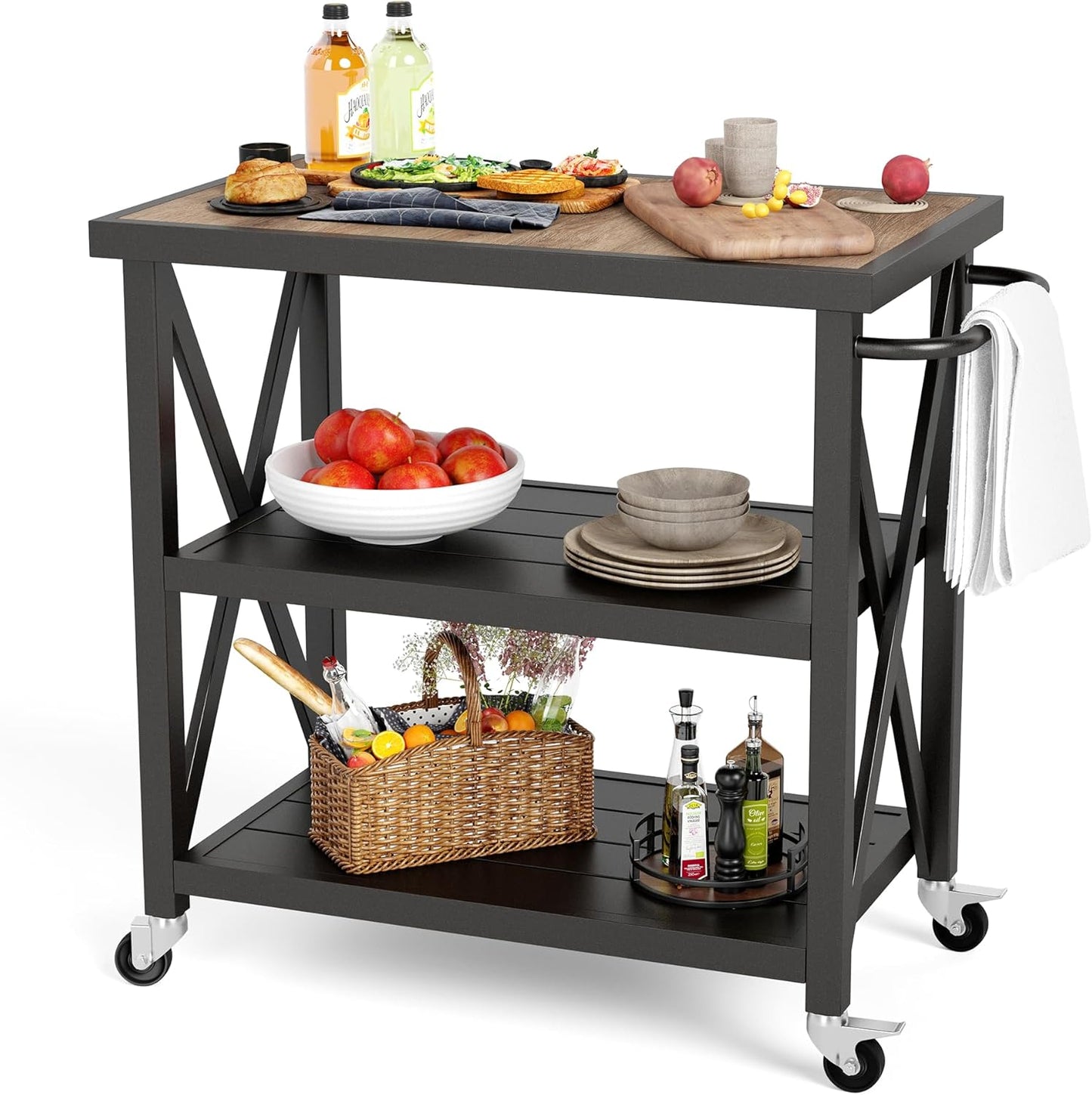 PHI VILLA Outdoor Grill Table, Elegant Grill Cart with Ceramic Wood Grain Table Top, Serving Cart with Shelves, Patio Grilling Backyard BBQ Grill Cart, Black