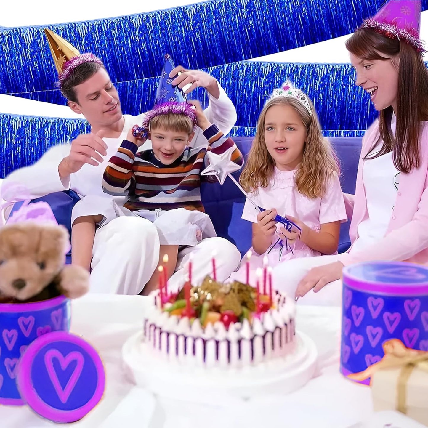 Blue Foil Fringe Garland 10FT 6packs, Metallic Foil Tinsel Fringe Banners for Parade Float Decorations Wedding, Birthday Party Graduation (six Blue)