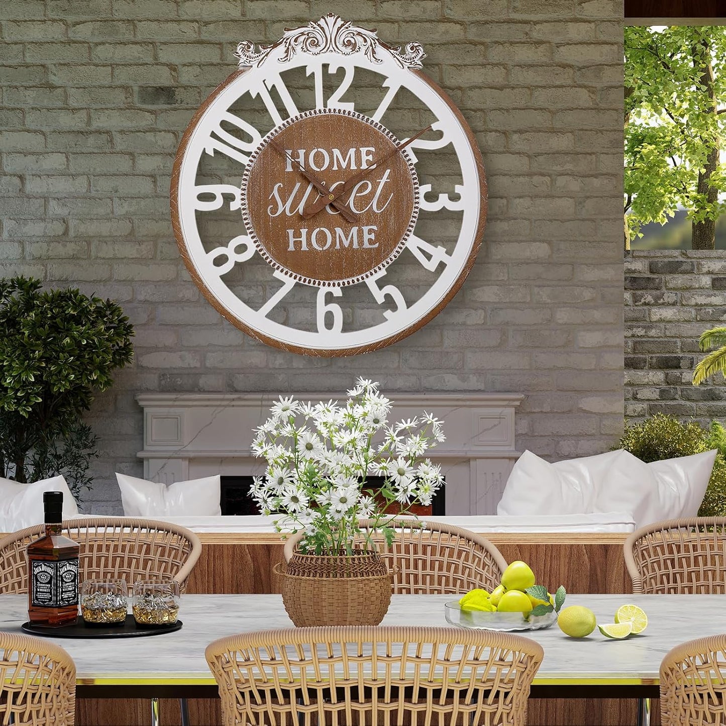 Wall Clock Large- Farmhouse Wall Clock 24 Inch Decorative Engraved Numerals Rustic Wooden Wall Clocks, Big Wall Watch Silent Battery Operated for Kitchen Bedroom Living Room Fireplace Mantel