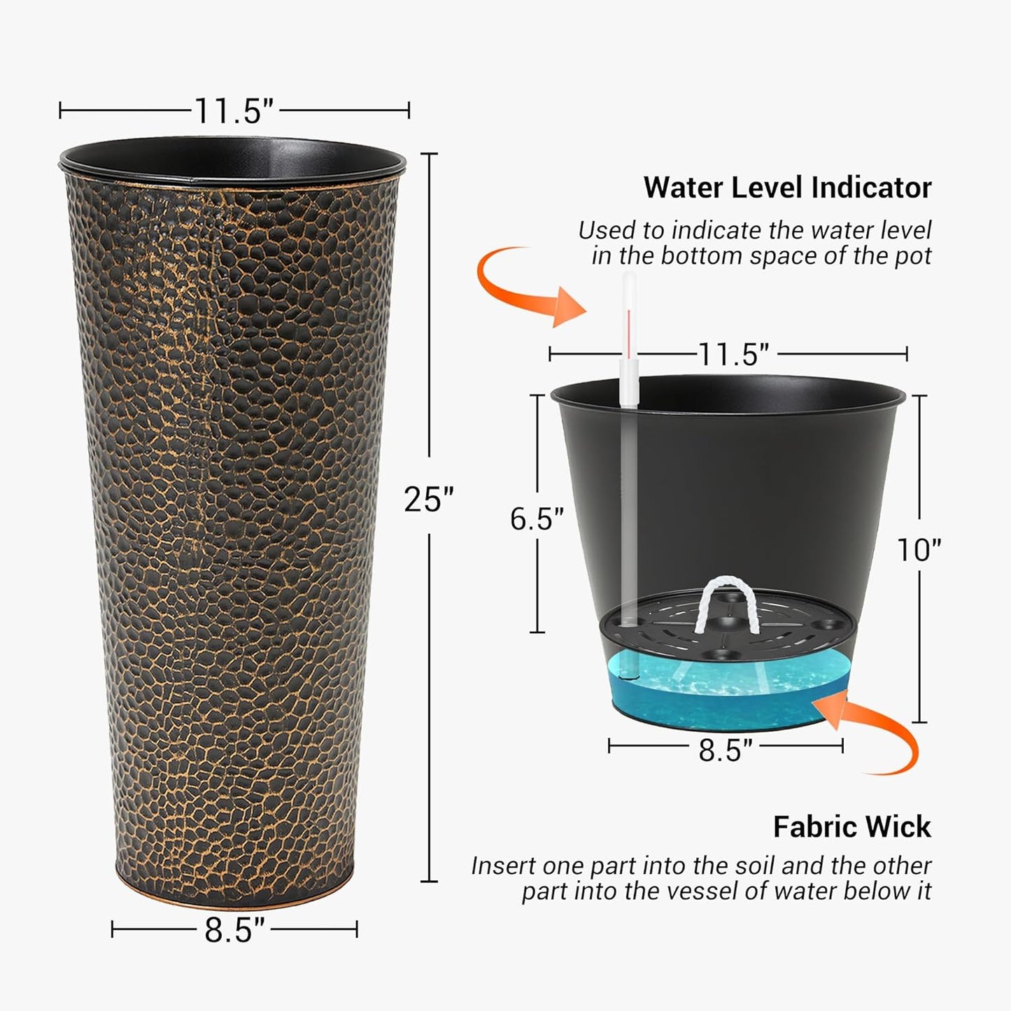 Worth Garden 2-Pack 25" H. Metal Planter with 2X Inside Pots - Hand-Hammered Texture Tall Cone Plant Pots - Large Handcrafted Black Flower Pot for Indoor Outdoor, Deck, Patio, Front Porch (Bronze)