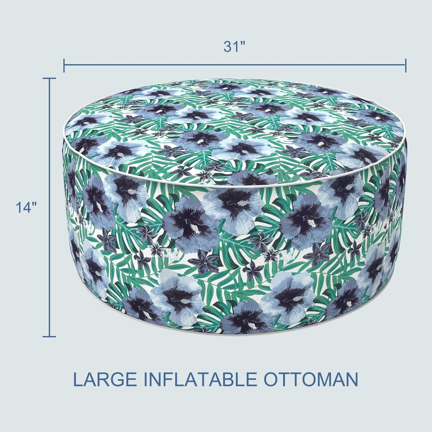 LVTXIII Indoor/Outdoor Inflatable Ottoman, D31 x H14 Inch Large Round Ottoman, All Weather Foot Rest Stool, Portable Footrest for Patio, Garden, Camping and Home - Blue Salmone Tropical