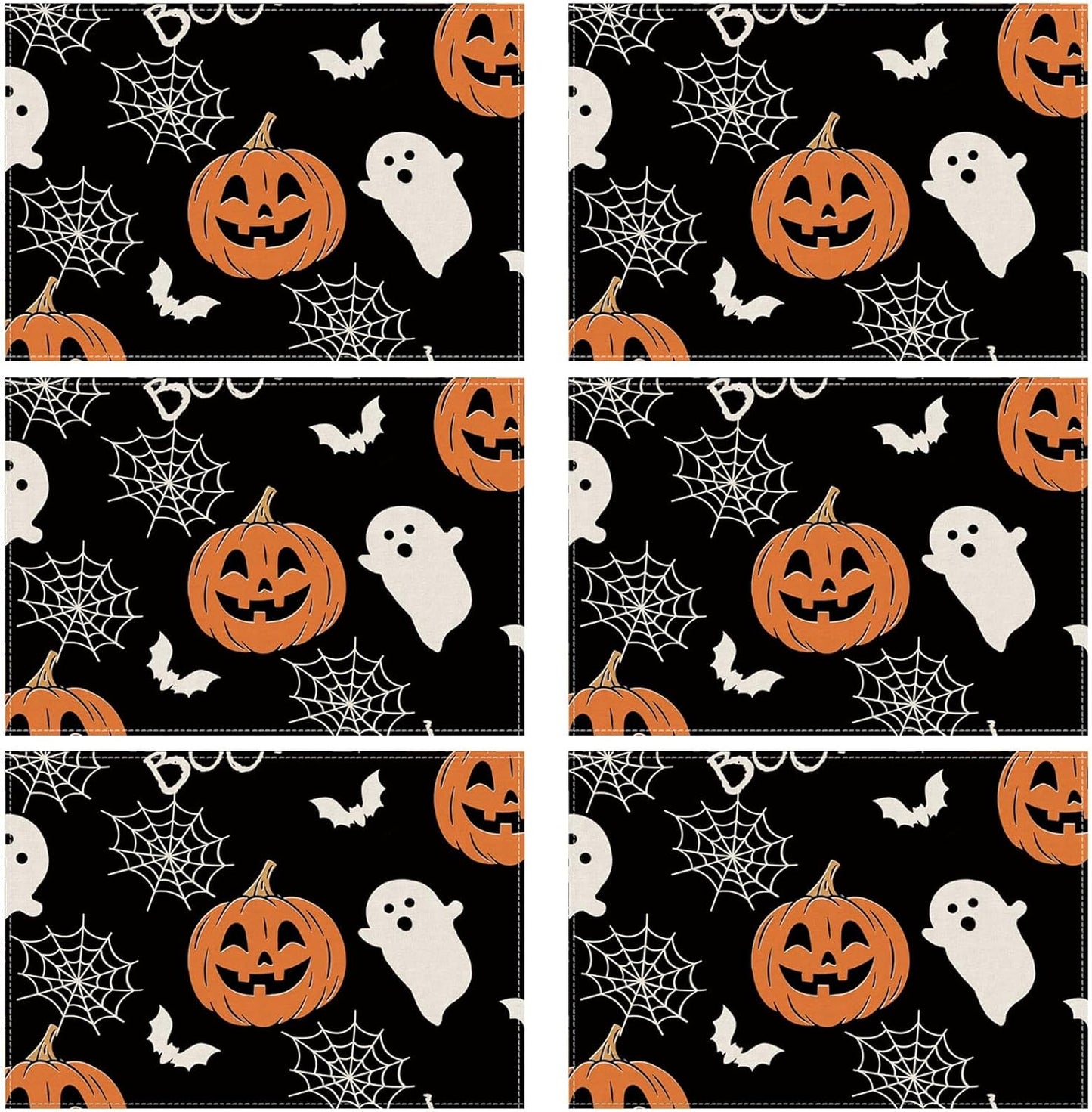 XCHI Boo Spooky Ghost Pumpkin Halloween Cloth Placemats Set of 6 Table Mats Table Decorations 12x18 Inch