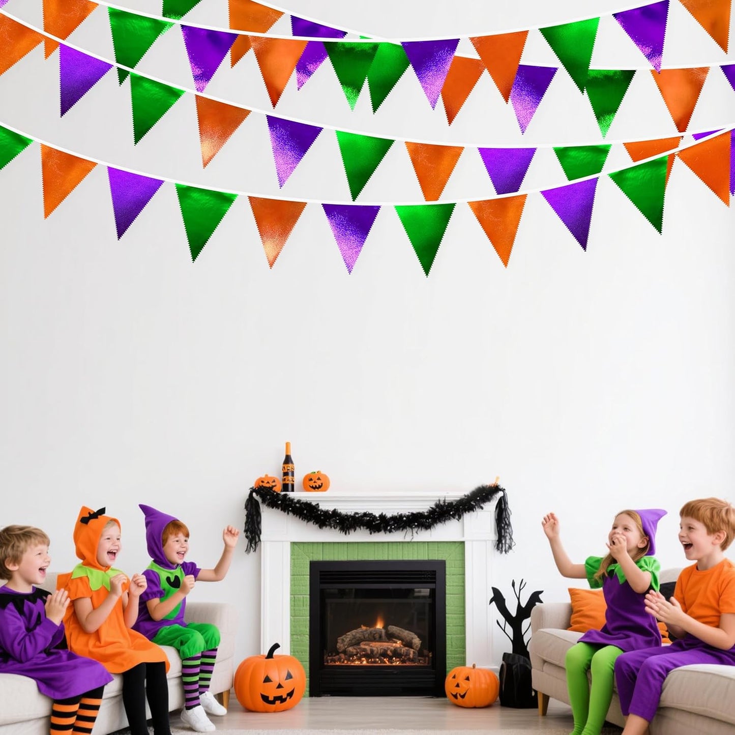 Halloween Party Decorations Metallic Fabric Green Orange Purple Triangle Pennant Banner Flag Bunting for Trick or Treat Spooky Hey Boo Happy Halloween Holiday Birthday Baby Shower Party Supplies