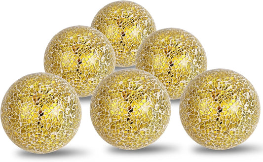 6Pcs Decorative Ball Set, 6cm/2.4inch Mosaic Glass Orbs Centerpiece Balls for Decorate Tables, Wedding Party (Golden)