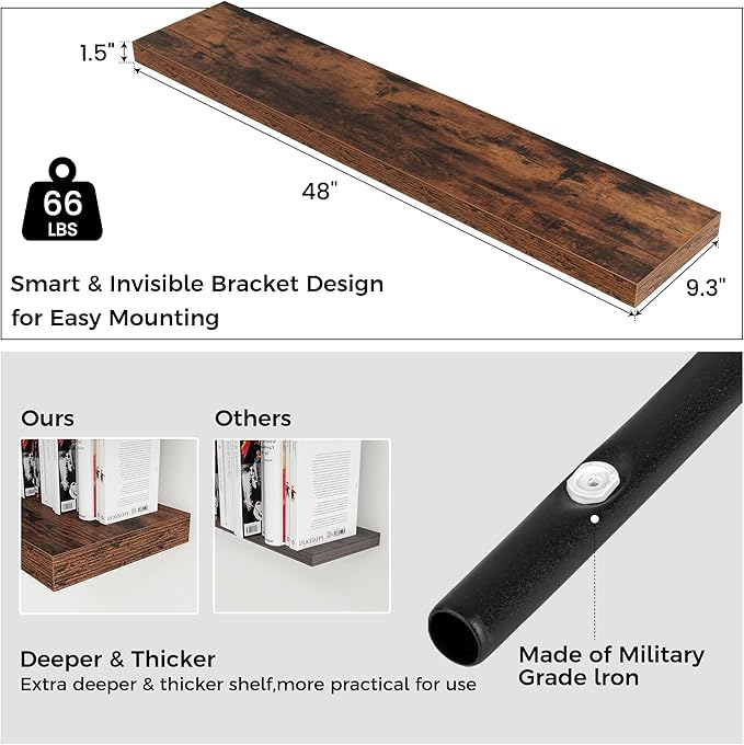 Floating Shelves - 2 Large Wall Mounted Shelves with Invisible Brackets, Long Wood Floating Wall Shelf for Living Room, Bedroom, Kitchen (Brown, 48" W x 9" D x 1.5" H)