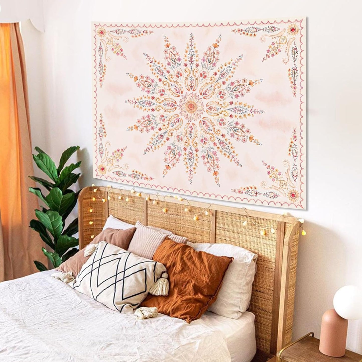 Fowocu Boho Floral Mandala Tapestry for Bedroom Aesthetic Pink Bohemian Flower Wall Tapestry Watercolor Hippie Indian Small Tapestries Wall Hanging for Living Room Dorm Decor 48 x 36 Inch