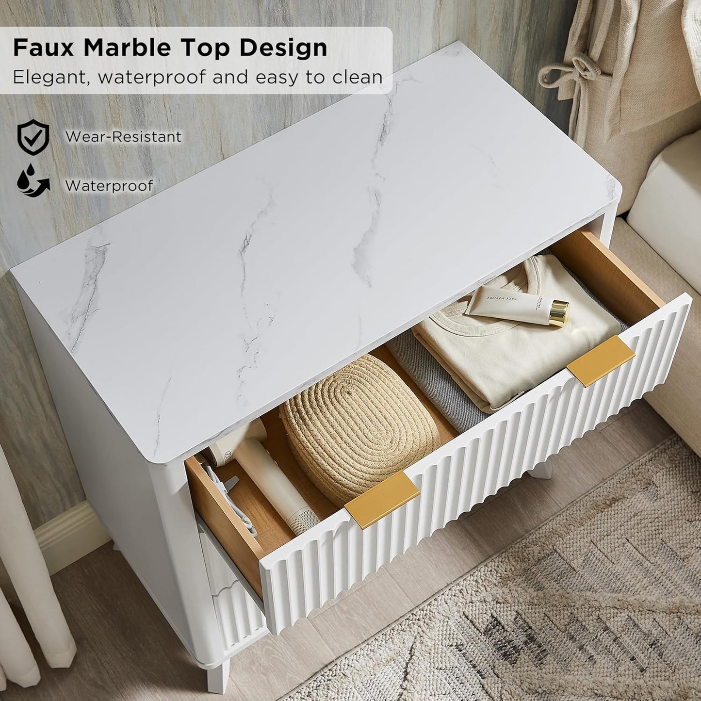 T4TREAM 32" Tall Fluted Nightstand Set of 2, Modern Side Table with Faux Marble Top, 3 Drawers End Table w/Storage, Bedside Table for Bedroom, Living Room, Curved Profile Design, Solid White