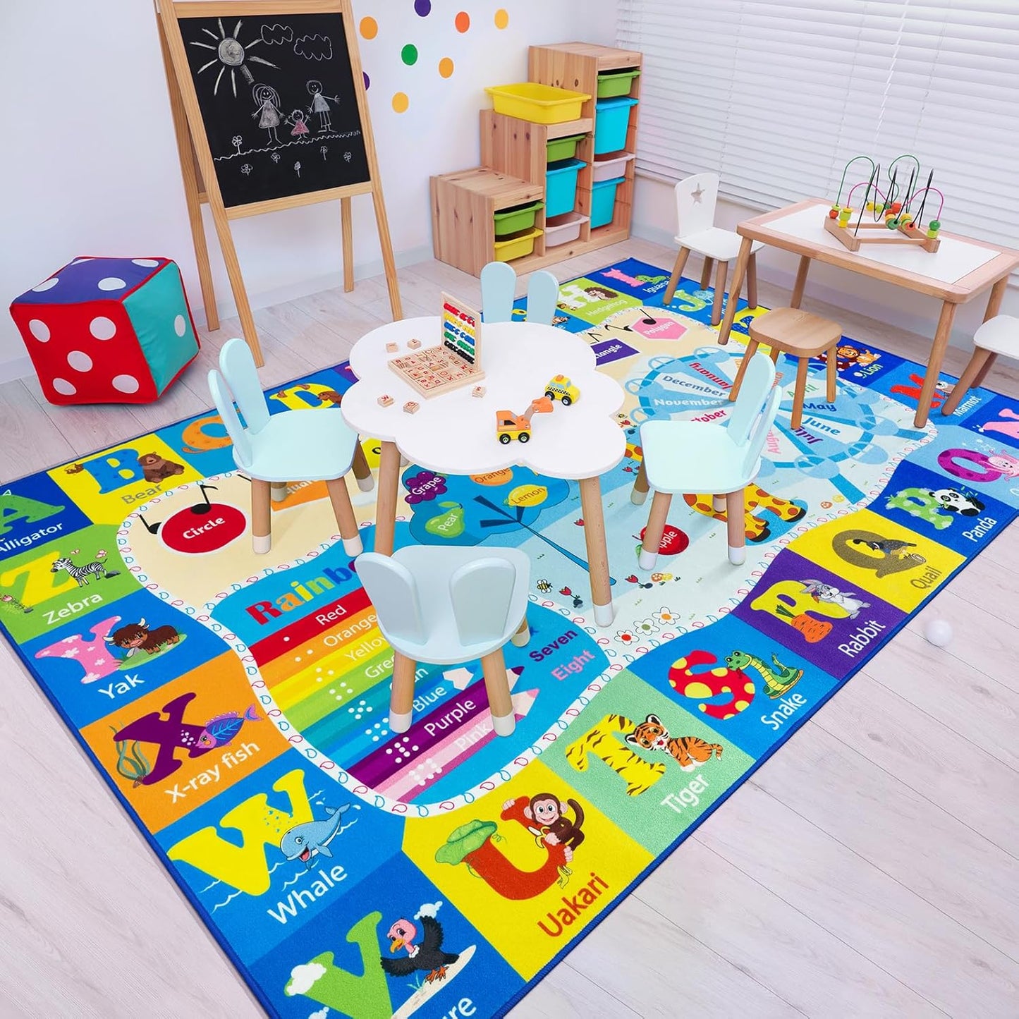 Kids Rugs for Playroom Washable, Educational and Fun Learning Rugs with ABC Alphabet Animals Shapes, Baby Toddler Children's Play Mat for Bedroom Classroom Nursery, 3x5 Feet, Blue