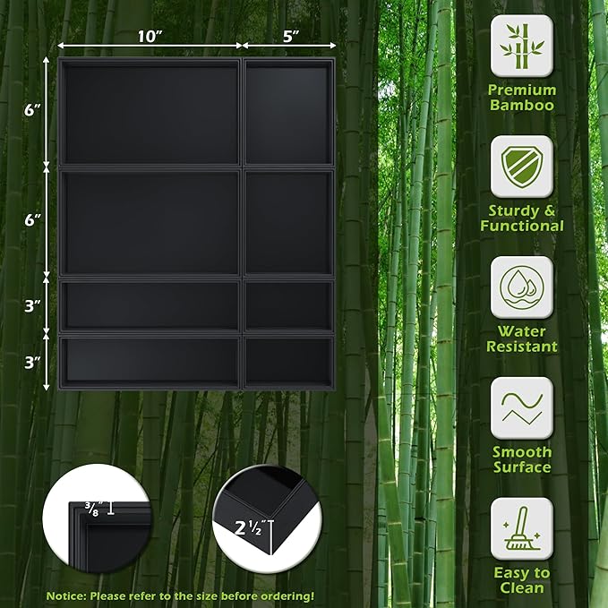 Bathroom Drawer Organizer Trays, Bamboo Drawer Organizer Kitchen Utensils Silverware Organizer, 8 PCS Wood Box Stackable Bins for Makeup, Office Desk, Junk Drawer (Black)