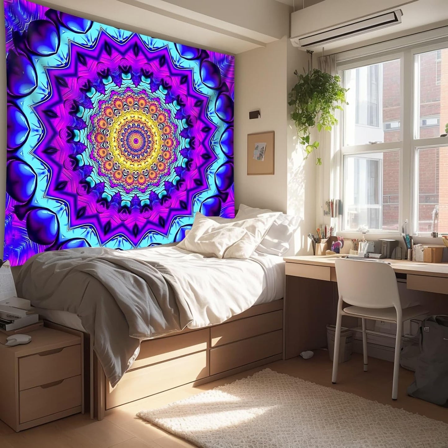 PSYHILAR Blacklight Mandala Tapestry for Bedroom, Black Light Posters for Adults and Teens, Colorful UV Reactive Aesthetic Bohemian Wall Art Decor (80 x 60 Inches)