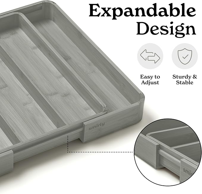 SMIRLY Silverware Drawer Organizer – Bamboo Kitchen Drawer Organizer, Adjustable Utensil Holder and Cutlery Tray, Drawer Dividers for Flatware and Kitchen Utensils