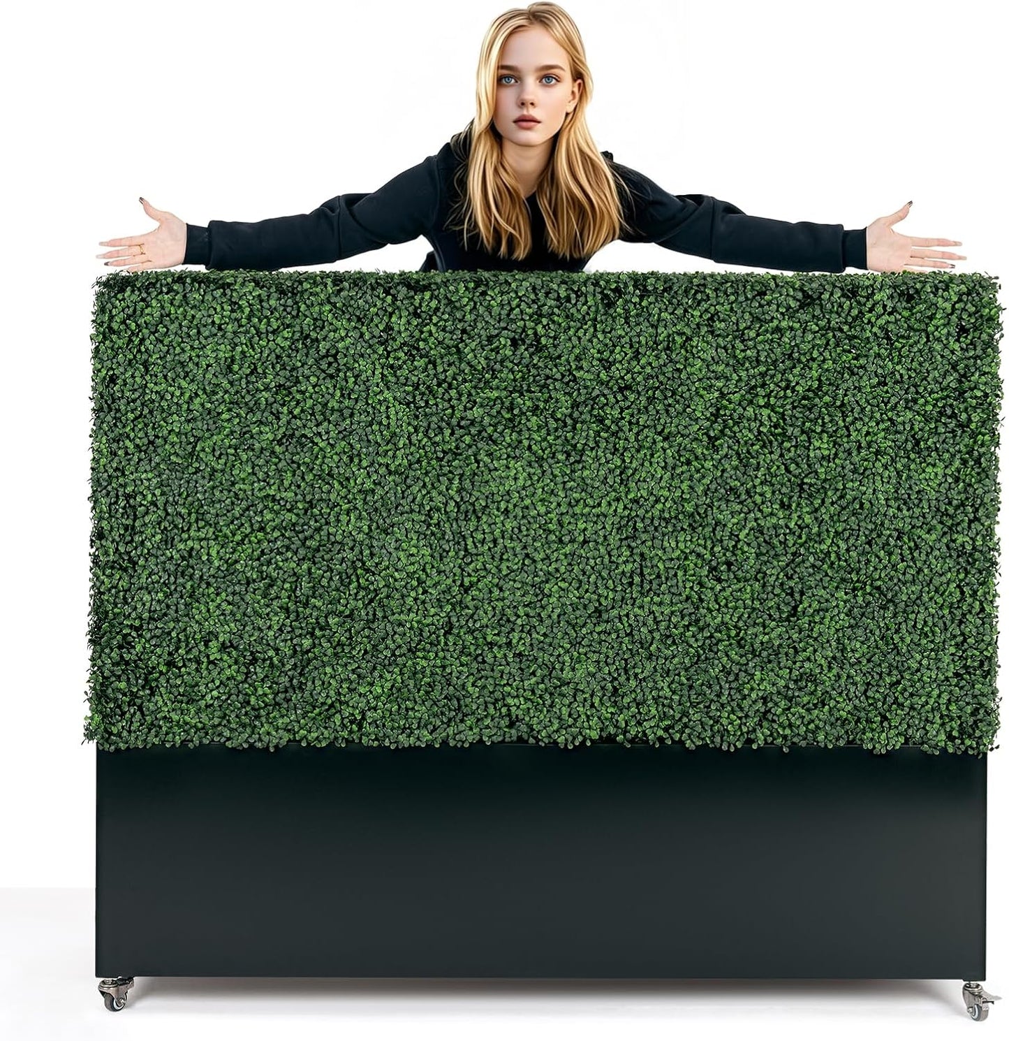 Artificial Boxwood Hedge Divider Wall with Black 201 Stainless Steel Planter Box (60" L X 48" H X 14" D)