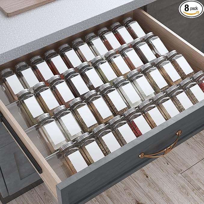 Antimbee Spice Drawer Organizer, 4 Tier- 8 Pack Kitchen Spice Rack Tray for Drawer, Expandable From 13" to 26" Acrylic Seasoning Organizer Rack Holds up 56 Spice Jars (Jars not Include)