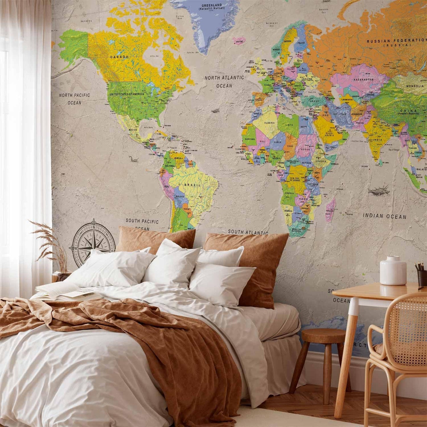 artgeist Wall Mural World Map 173x124 in - Peel and Stick Self-Adhesive Wallpaper Removable Large Sticker Foil Wall Decor Print Picture Image Design Map of The World k-A-0129-a-a
