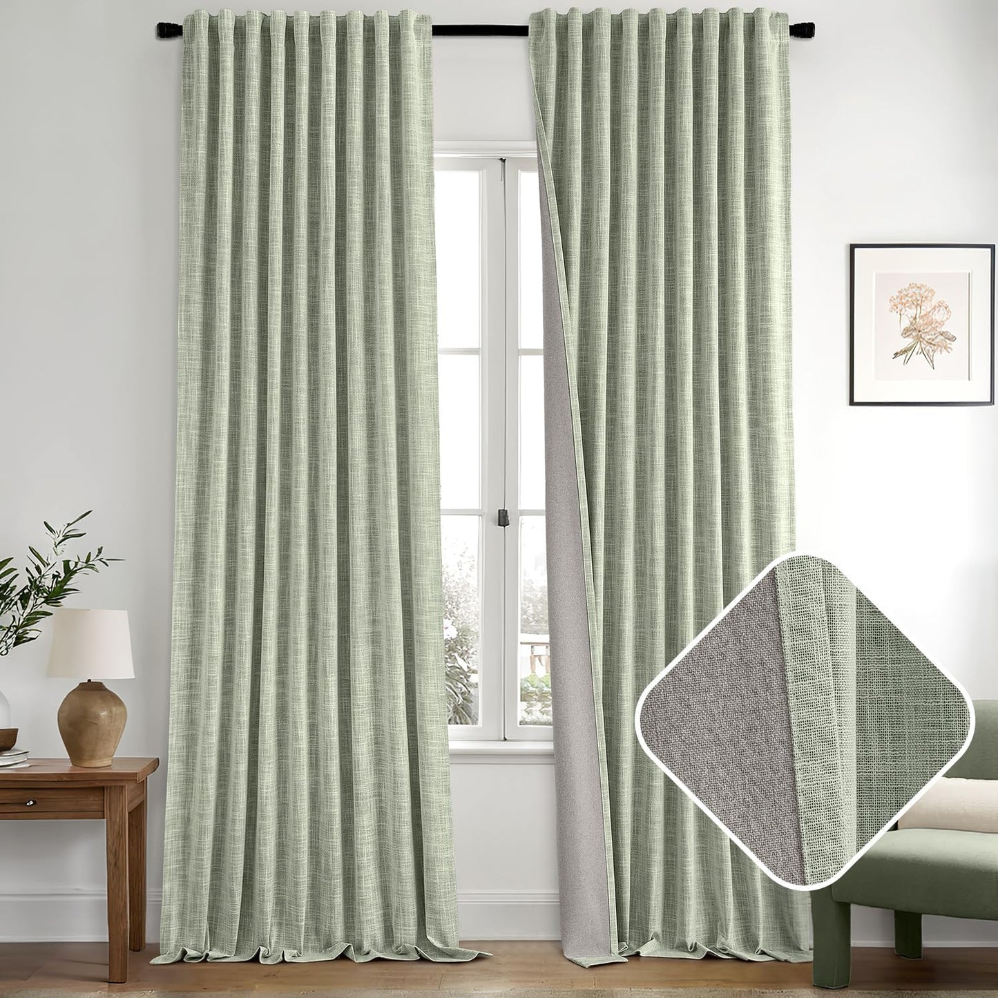 MIULEE Sage Green 100% Blackout Linen Curtains 108 Inch 2 Panels Set Double Sided No Coating Pleated Back Tab Black Out Extra Long Thermal Insulated Pinch Pleat Bedroom Living Room Darkening Drapes