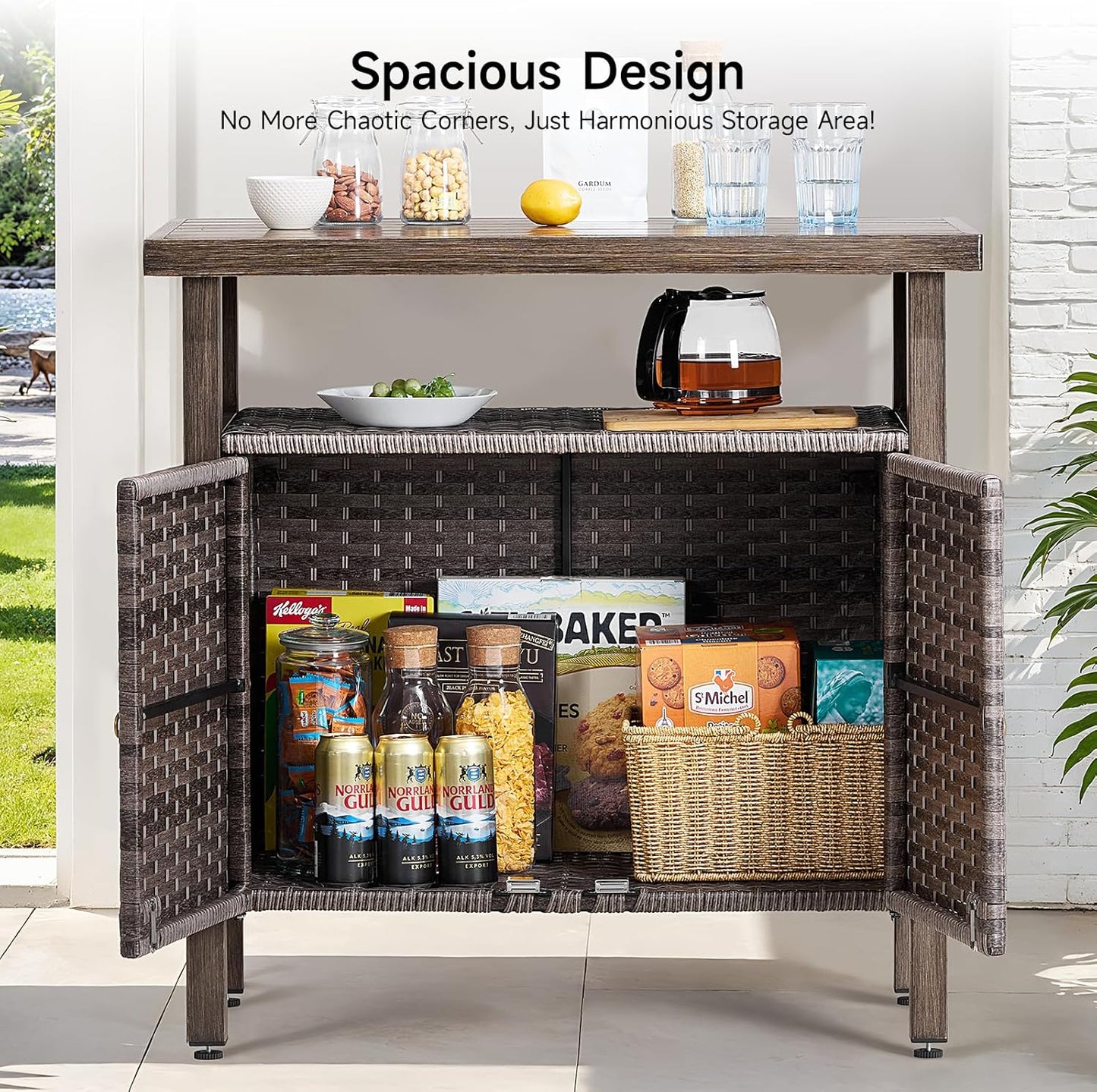 Outdoor Storage Cabinet, Woven Rattan Bar Table with 2 Doors, Slatted-Top, Wicker Console Table for Patio, Garden, Backyard, Kitchen - Brown