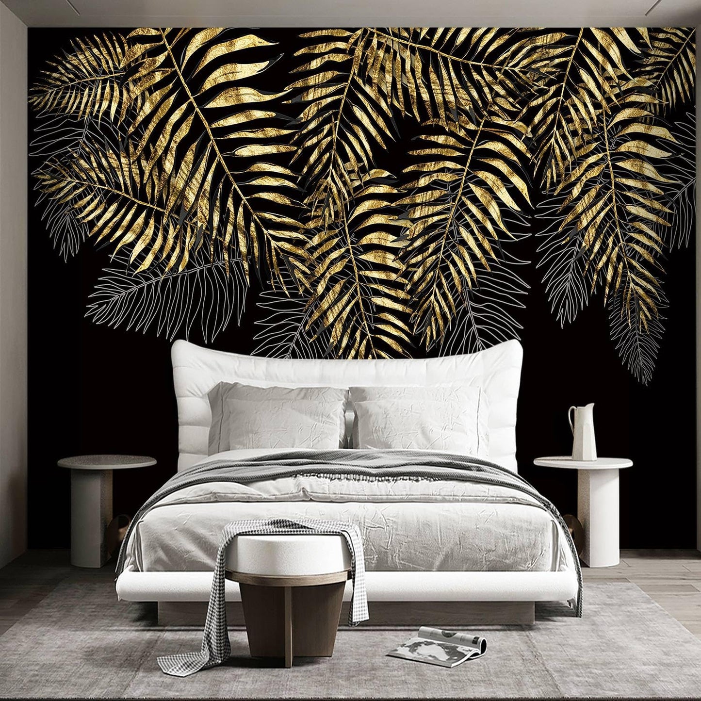Black and Gold Leaf Mural Bedroom Tropical Botanical Wallpaper Room Plant Decor Living Room tv Background Large Wall Mural - 91"x65" (Not Peel and Stick)