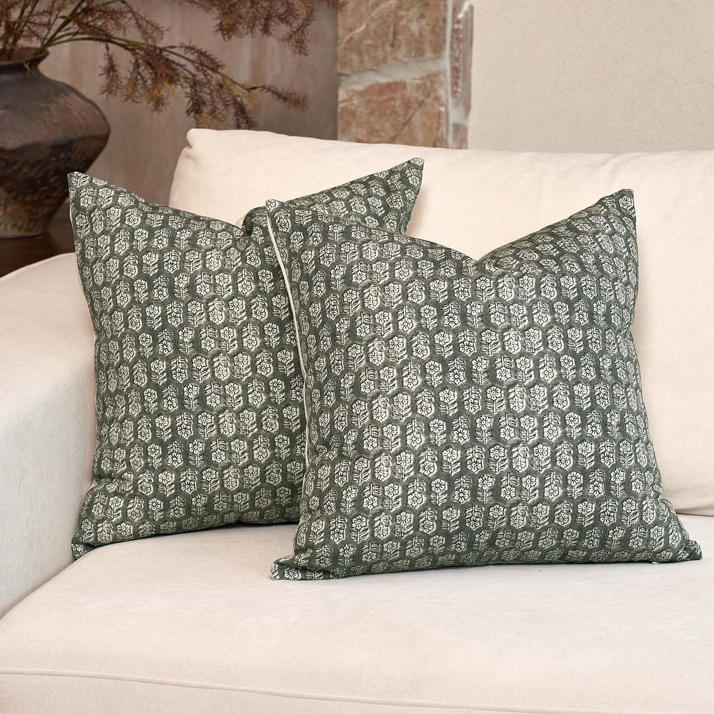 DOMVITUS Floral Pillow Covers Set of 2, Throw Pillow Covers 20x20, Floral Print Neutral Accent Decorative Pillow Covers for Living Room, Bed, Mineral Green