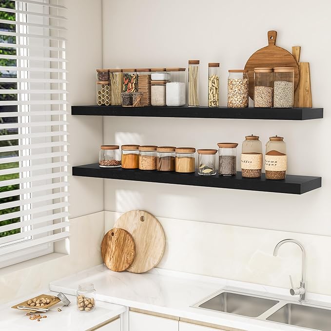 RICHFOCUS 55Inch Floating Shelves for Wall 1 Pack Shelves for Bedroom|Kitchen|Bathroom Wall Mounted Rustic Wood Floating Shelf with Invisible Brackets for Books|Storage|Decor, Black