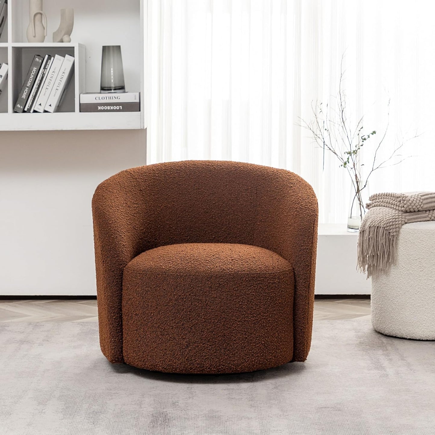 KINWELL 34" W Mid Century Modern Swivel Barrel Chair, Round Upholstered Boucle Swivel Accent Chairs, No Assembly Sofa Chair for Living Room Bedroom Reading Apartment Lounge Nursery