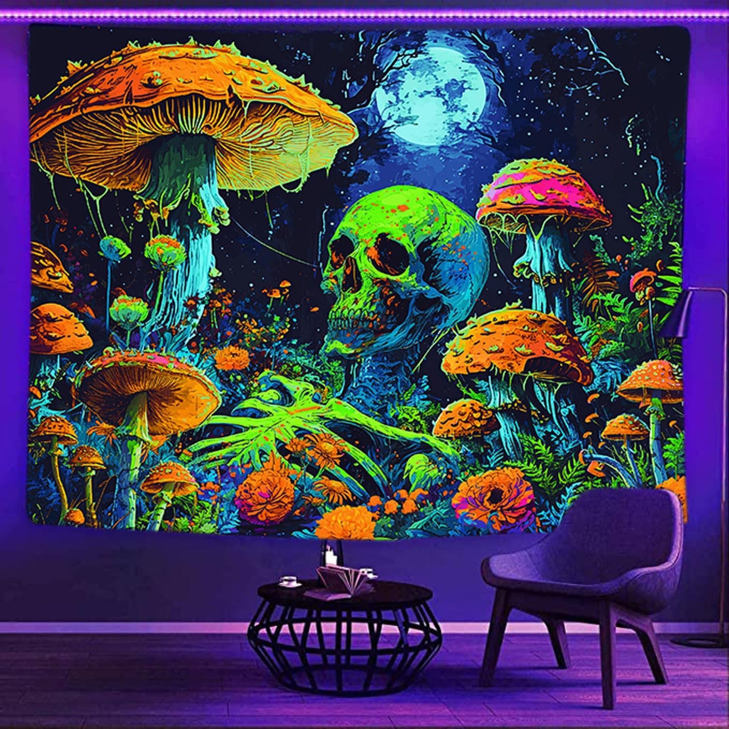 Xiaoput Blacklight Skull Wall Art, Black Light Skeleton Tapestry for Bedroom, UV Reactive Neon Gothic Tapestry for Men, Glow in Dark Trippy Forest Wall Hanging for Home Decor 60x40IN