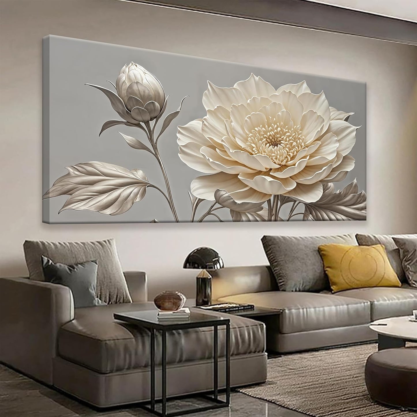 QSQ Canvas Art Wall Decor Print Paintings Silver White Flower Wall Art Prints Painting Pictures Ready To Hang Pictures For Bedroom Bathroom Office Kitchen Home Wall Decor Artwork 20" × 40"