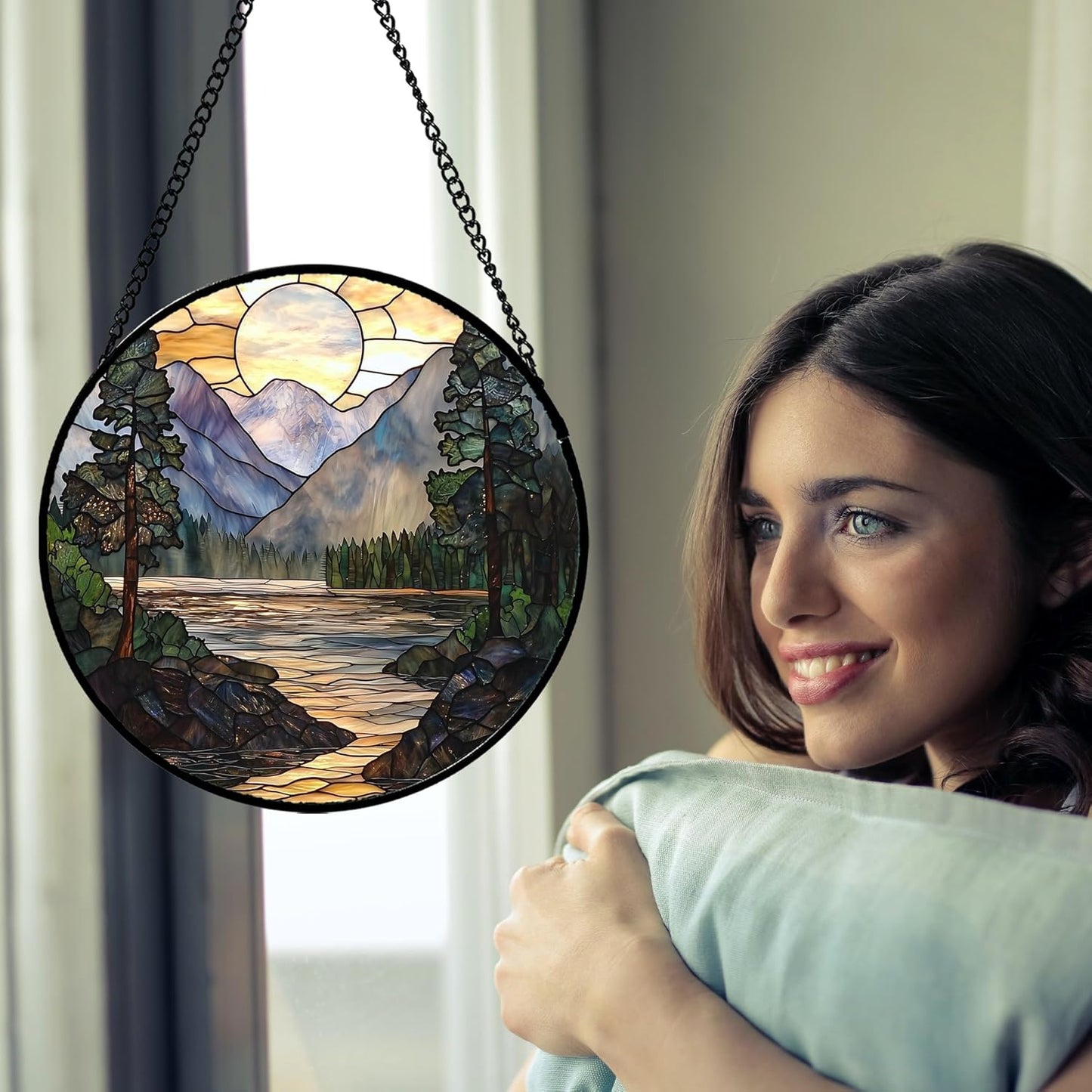 Stained Glass Window Hanging, Sunset Mountains Lake Tree Sun Catcher for Window Home Decor Landscape Suncatcher Mother's Day Birthday Gifts for Women Men Mom and Nana 7.8 in