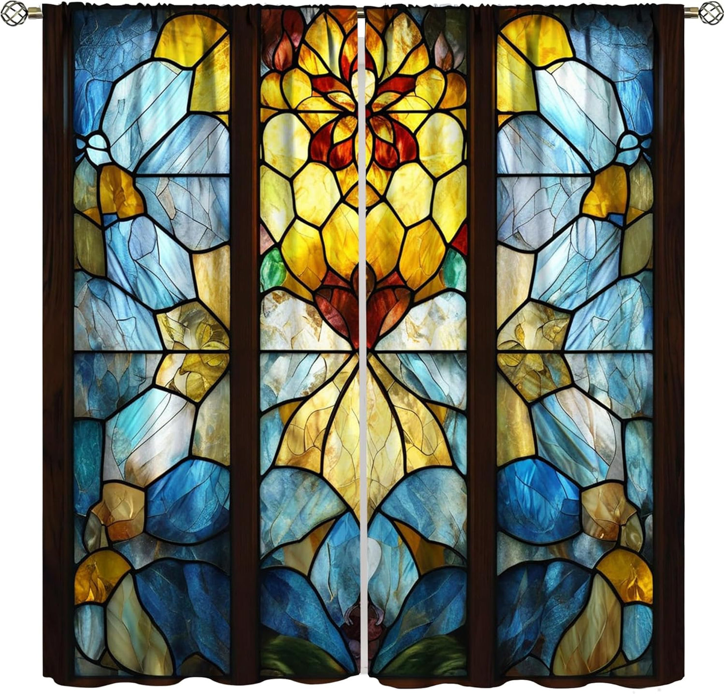 Stained Glass Curtains,Retro Abstract Colorful Art Home Decor Drapes for Bedroom Living Room Kitchen Window Treatment 2 Panels Set Total Size 42" W X 45" L Inch