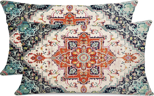 Outdoor Waterproof Pillow Covers - 12 x 20 Inch Set of 2, Orange Bohemian Vintage Carpet Pattern, Ethnic Design Decorative Farmhouse for Couch, Garden, Balcony