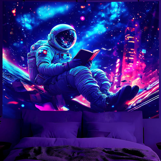 BVBOX Astronaut Space Blacklight Tapestry 79"x59", UV Reactive Astronaut Reading Universe Galaxy Planet Glow in Dark Tapestries, Black Light Neon Upright Poster Wall Hanging Backdrop Decor for Bedroom Living Room