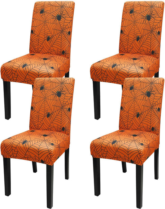 JQinHome Halloween Orange Dining Chair Slipcover, Spider Web Chair Covers Set of 4 ，High Stretch Washable Chair Protector Cover for Dining Room, Kitchen,Home Party,Wedding Ceremony(Orange, 4PC)