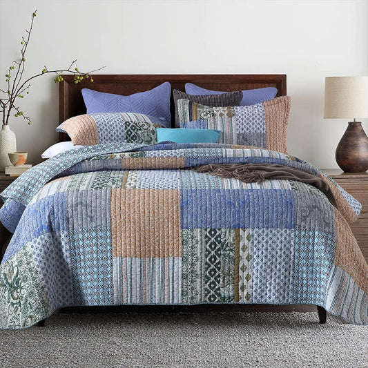 Cotton Bedspread Quilt Sets 3 Pieces Reversible Coverlet Sets Comforters Blue Bohemian Patchwork Bedspread,Blue Paisley Pattern, Queen Size