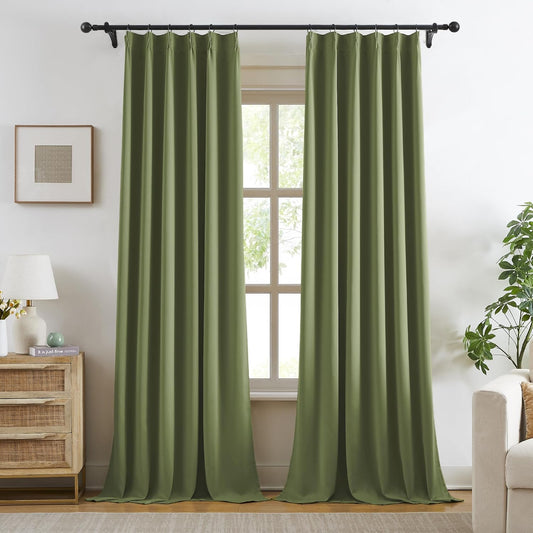 KangBang 2 PCs Sage Green Wide Blackout Curtains 95 Inches Long, Pinch Pleated with Hooks Track System Darkening Custom Modern Stylish for Sliding Patio Door Living Room,60 Width by 95 inch Length