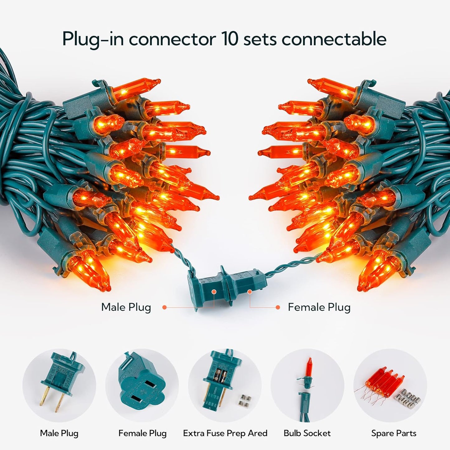 Hopolon Orange Halloween Lights, 2PACK 13ft 50 Orange Lights String,120V UL Certified String Light, Plug in Green Wire Fall Light Waterproof for Spooky Thanksgiving Party Decor(2pcs)
