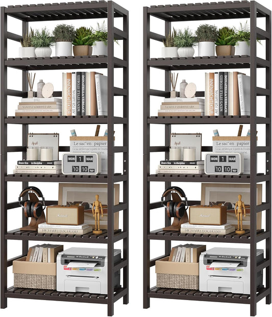 FOTOSOK 6-Tier Bamboo Shelf Set of 2, Bamboo Bookcase with Adjustable Shelves, Free Standing Storage Shelf Unit and Plant Flower Stand, Tall Large Bookshelf for Kitchen, Bathroom, Home Office, Vintage