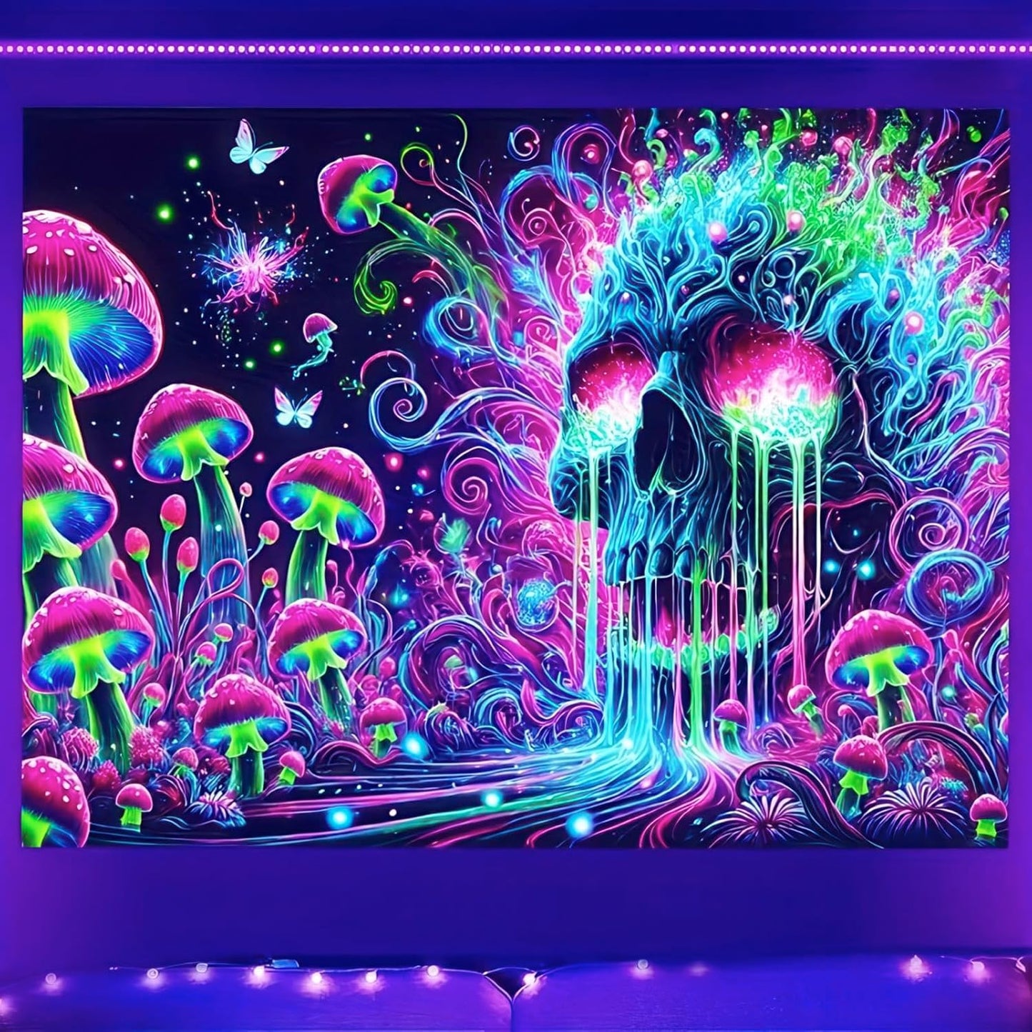 BlissYard Glowing Tapestry Blacklight Skull Tapestry 78x59 Inch Psychedelic Skull Mushroom UV Reactive Neon Mushroom Galaxy Space Tapestry Wall Hanging for Living Room Bedroom Party Backdrop Decor