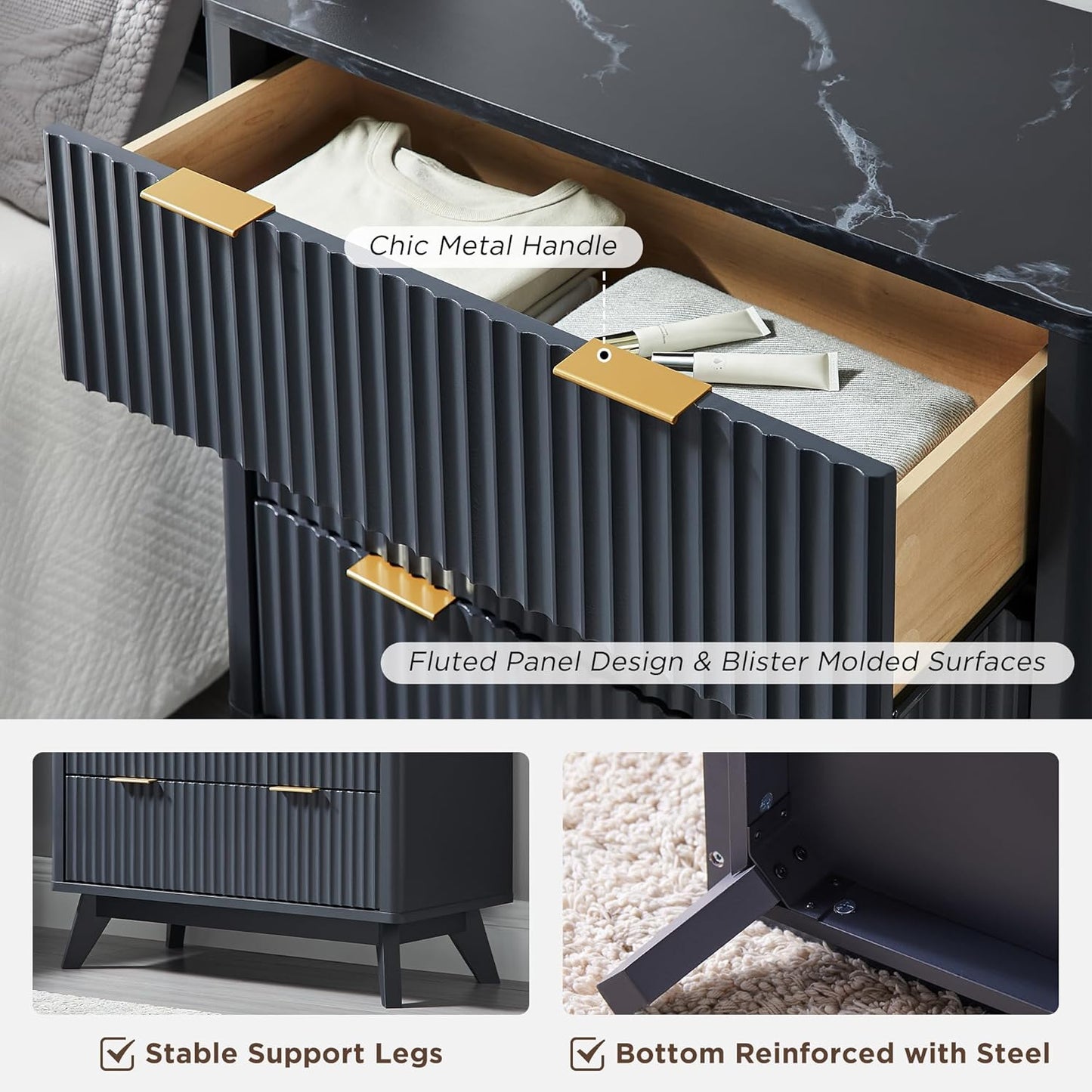 T4TREAM 32" Tall Fluted Nightstand, Modern Side Table with Faux Marble Top, 3 Drawers End Table w/Storage, Bedside Table for Bedroom, Living Room, Curved Profile Design, Dark Grey