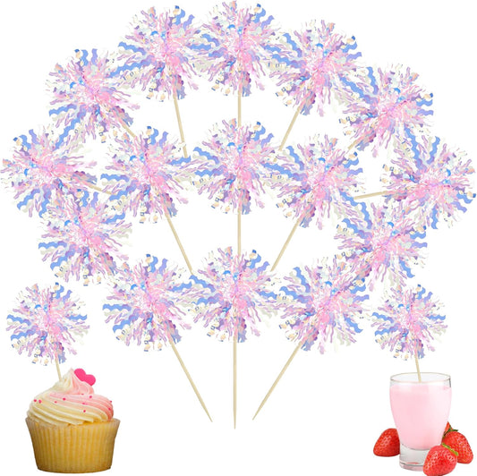 Ephlyn 30Pcs Foil Firework Cupcake Toppers Firework Cake Toppers Tinsel Flower Drink Stirrers Cocktail Food Fruit Toothpicks for Valentine's Day Party Decorations Pink
