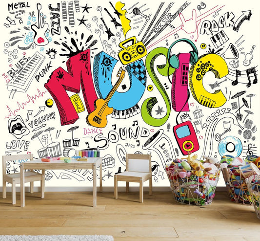 Music Graffiti Wallpaper Fan Guitar Drums Large Background Wall Decor for Music Room Bar(Not Peel and Stick)