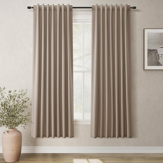 BOODII Linen Blackout Curtains for Bedroom 72 Inch Length 2 Panels Set Room Darkening Curtains Light Brown Black Out Curtain Neutral Thermal Insulated Living Room Nursery Drapes Back Tab 52x72