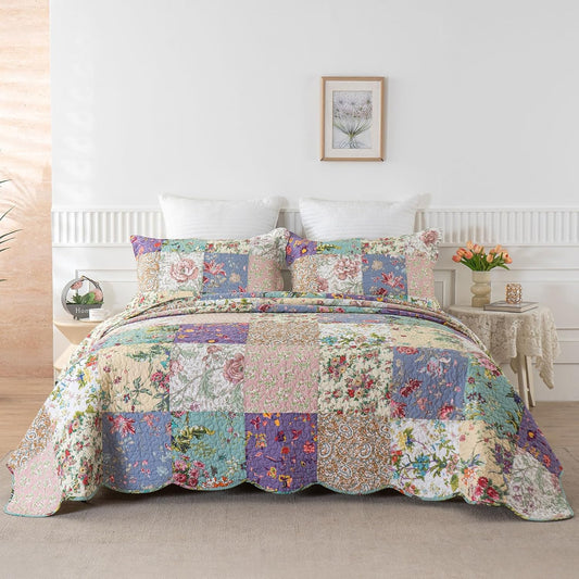 YAYIDAY Oversized King Bedspreads Patchwork Quilt Set (120x118 Inch) - 100% Cotton Reversible Breathable Floral Quilted Coverlet with Pillow Shams Fit All Season