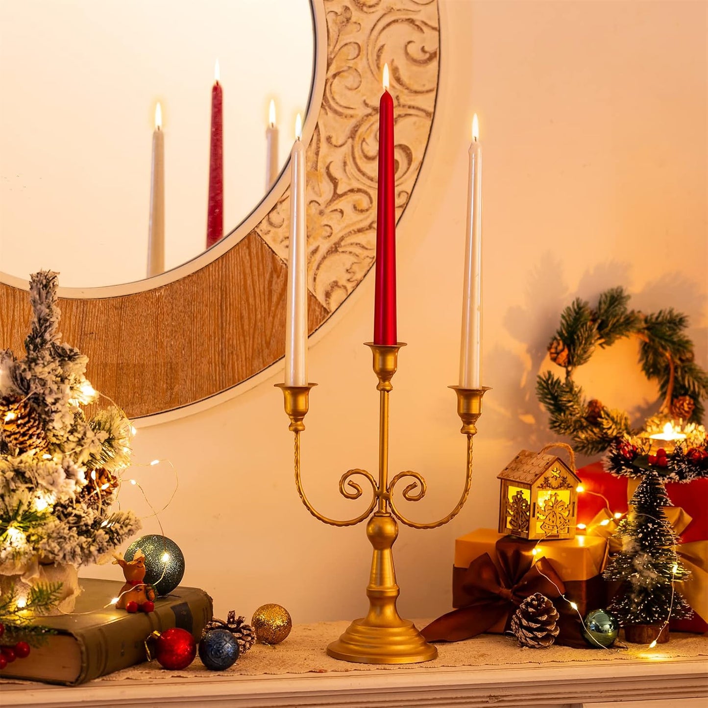 Sziqiqi Gold Taper Candle Holder for Centerpiece - 3-Candle Candlesticks Holder for Wedding Table Centerpieces Metal Candle Stick Holders Fireplace Mantle Decor